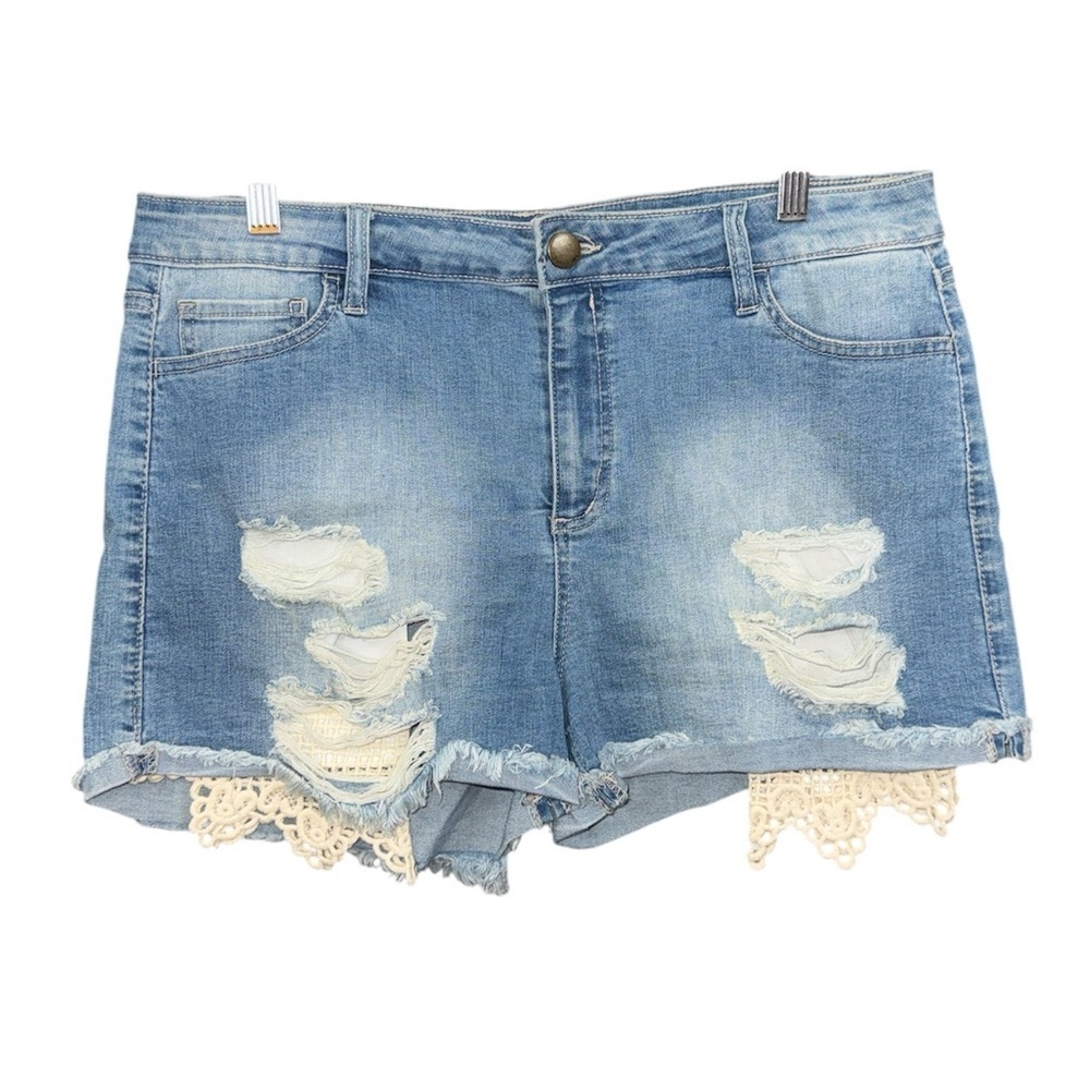 Tinseltown Women's Distressed Denim Shorts with Lace Trim size 15